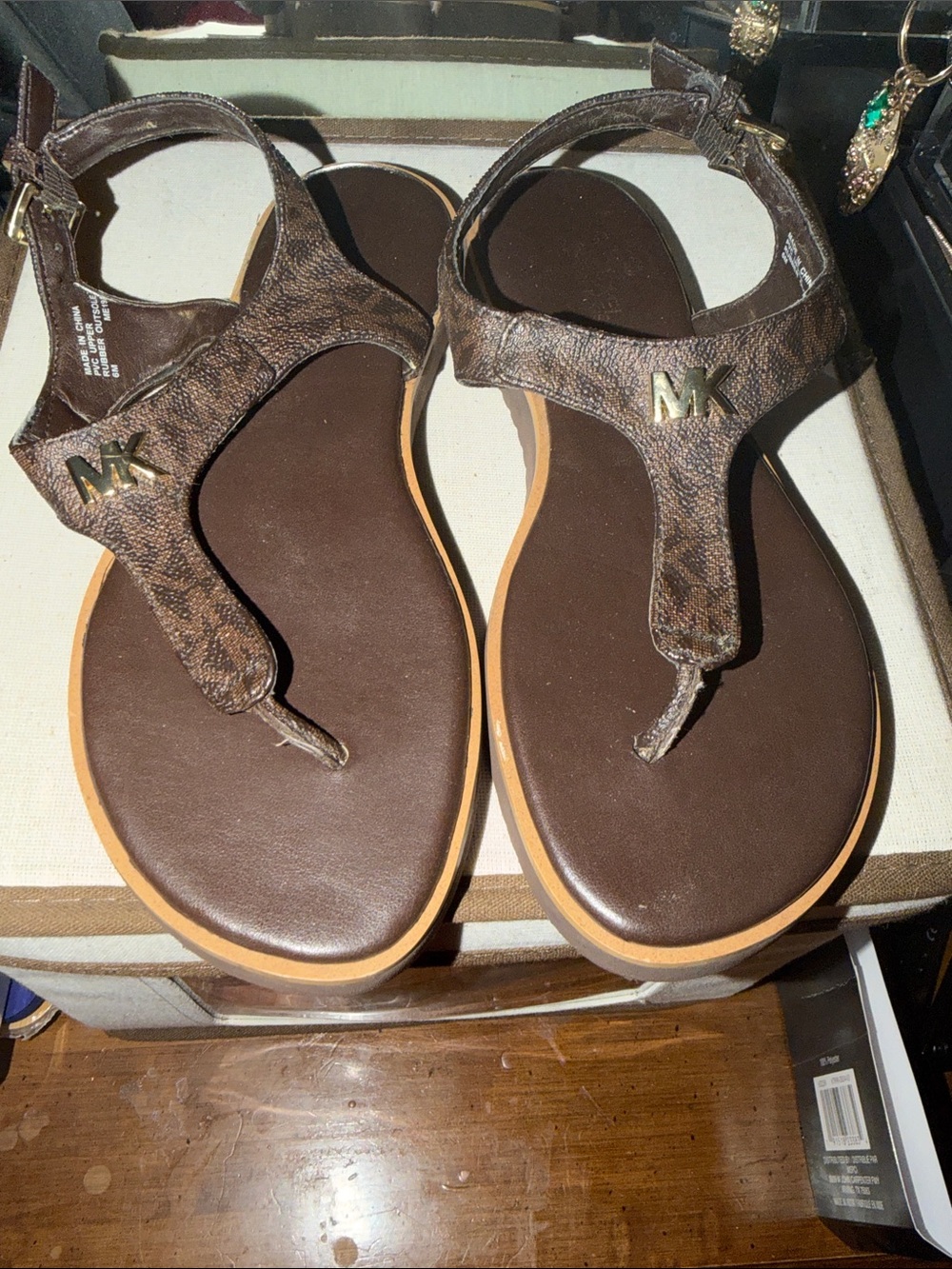 Michael Kors Brown Signature MK Logo T-Strap Sandals